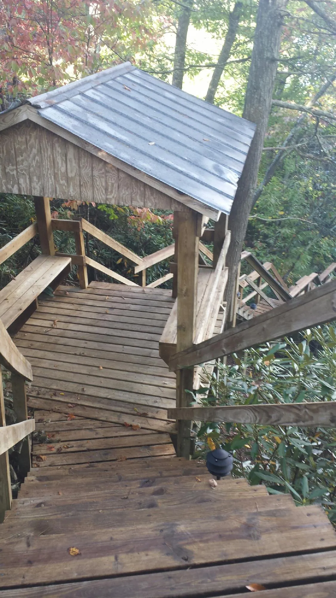 Metal roofed shelter over wooden steps on a wooded walkway — Skylight Repair & Installation work by our crew in Baldwyn